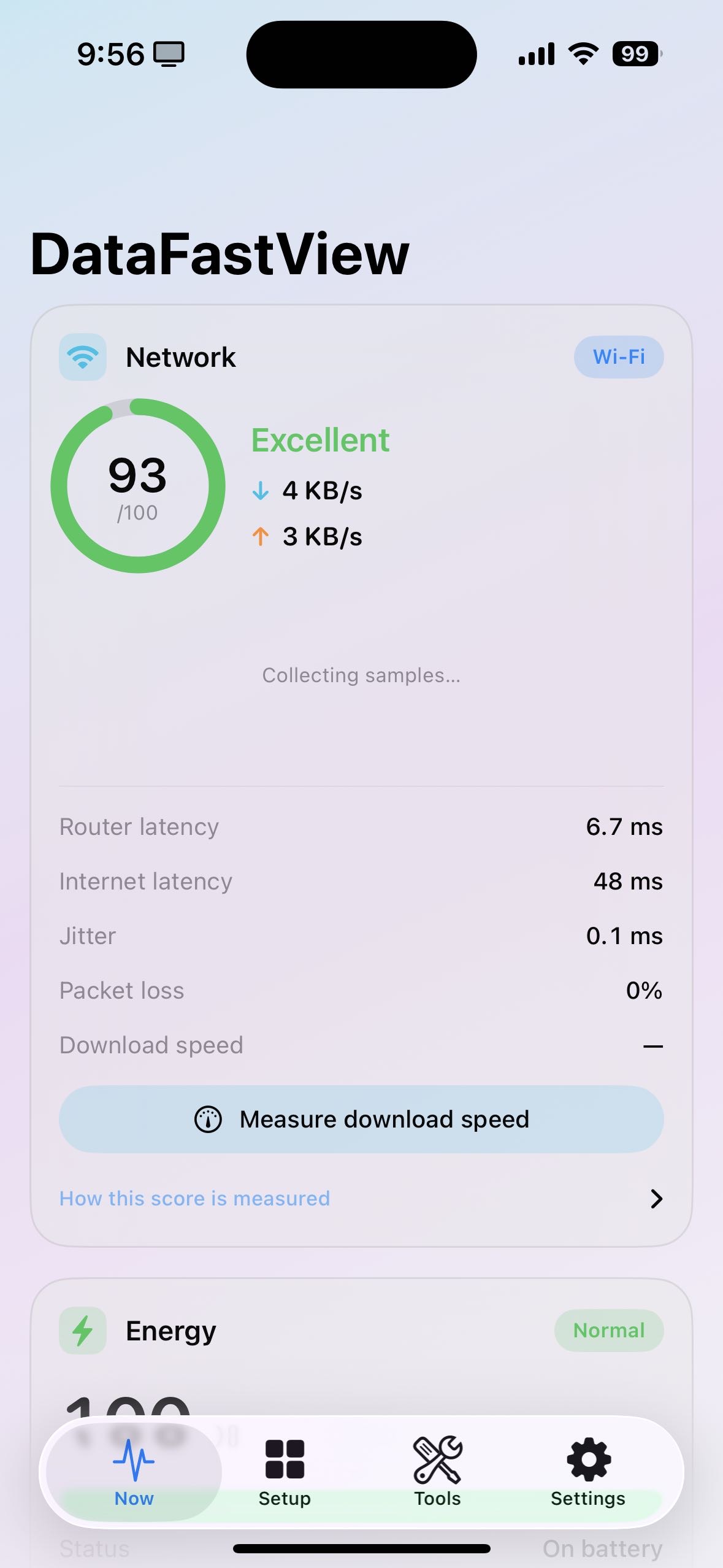 DataFastView — the Now tab with the Wi-Fi quality score