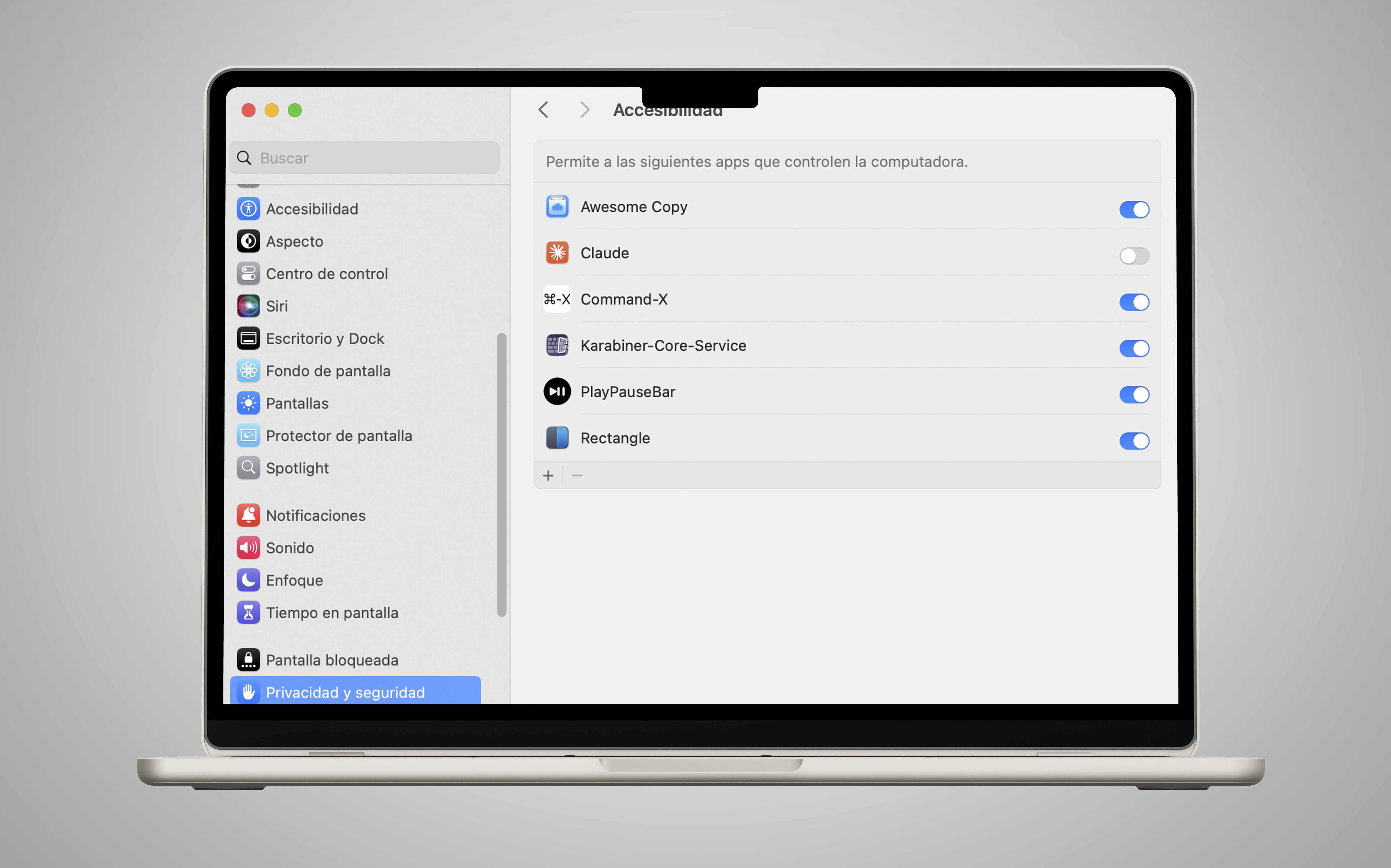 macOS Privacy and Security Settings Configuration Panel