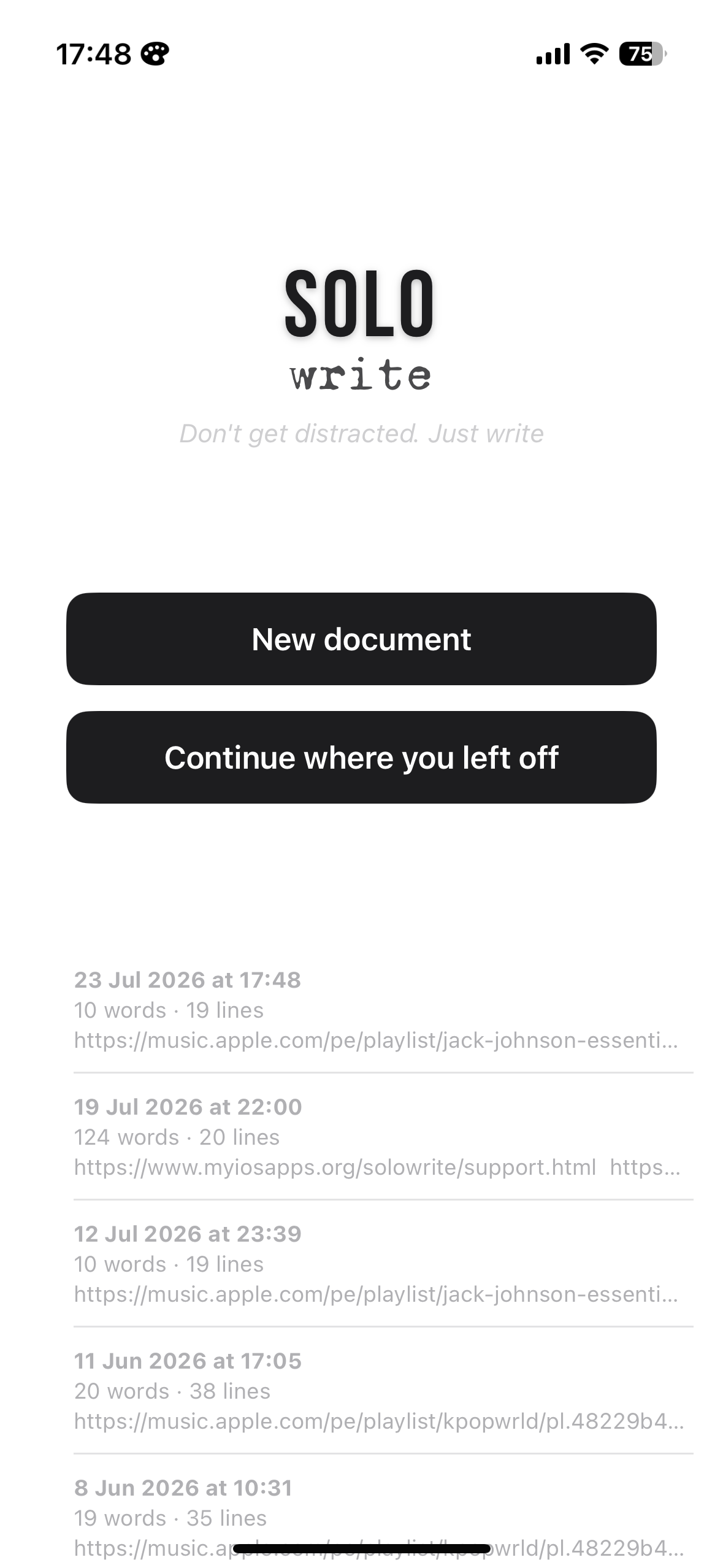 SoloWrite start screen