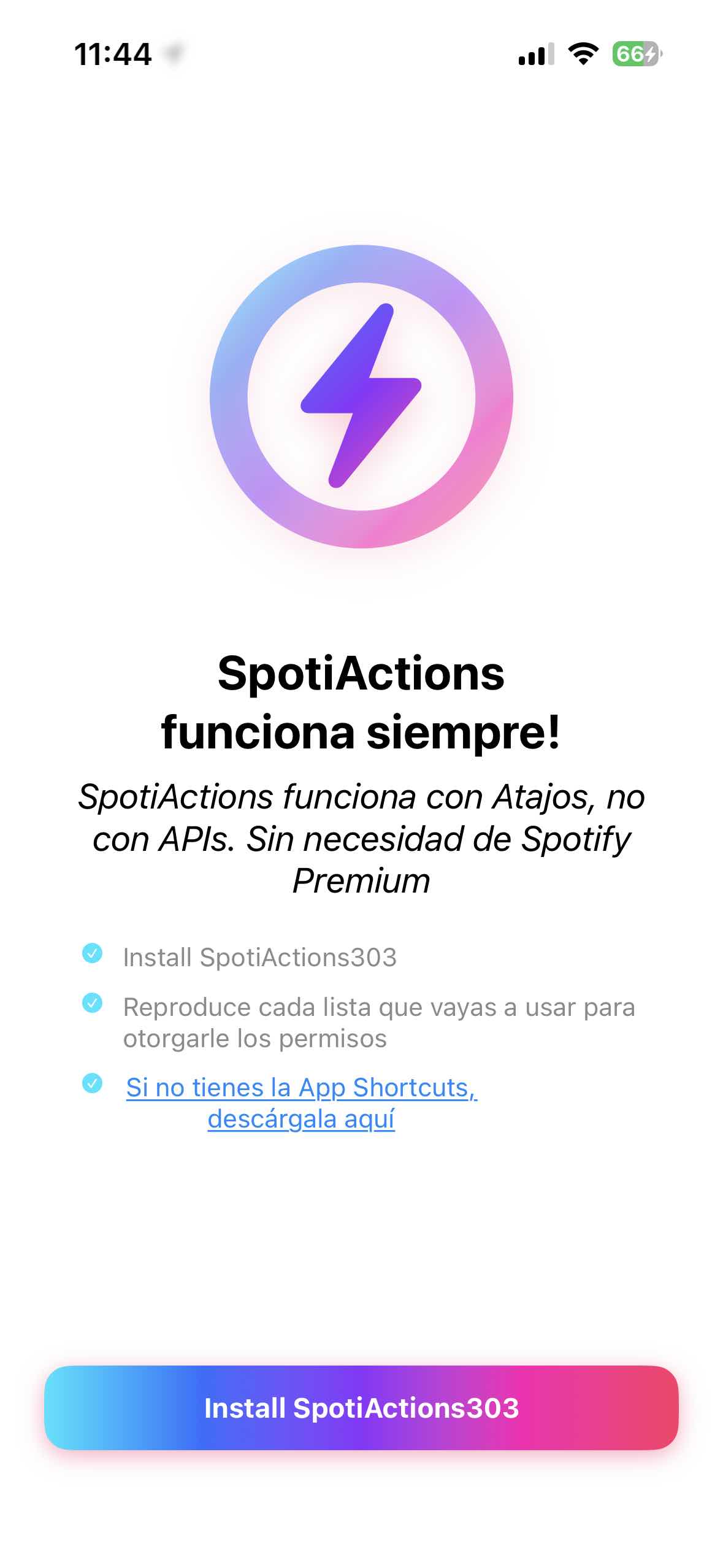 SpotiActions Onboarding and Master Shortcut setup wizard screen
