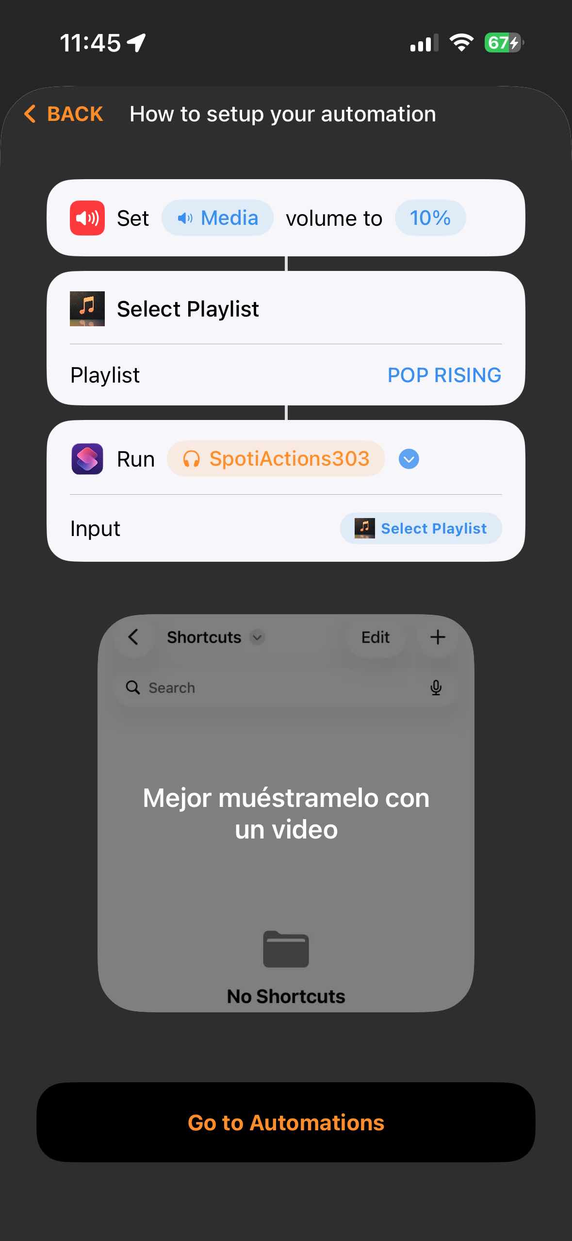 Shortcuts setup view detailing the sequence parameters required