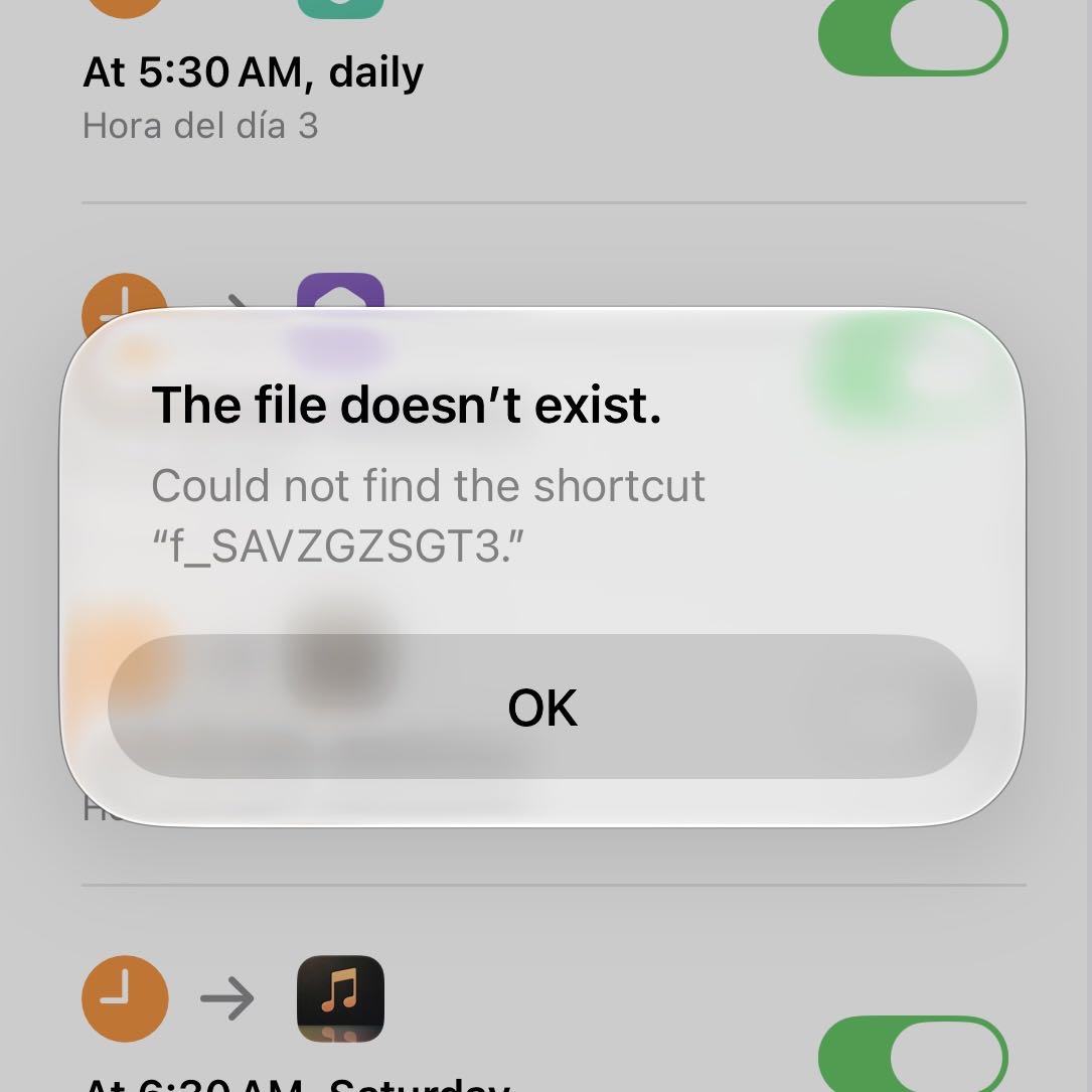 Shortcuts error: the file doesn't exist, could not find the shortcut