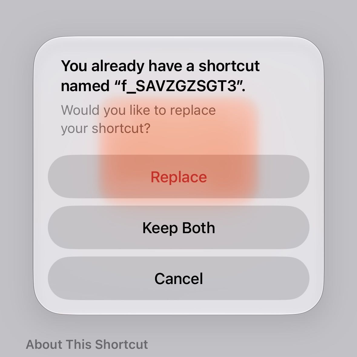 Shortcuts asking to replace, keep both, or cancel
